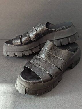 Black Leather Sandal Italian Montreal Platform Grunge Goth Spring Chunky Slide